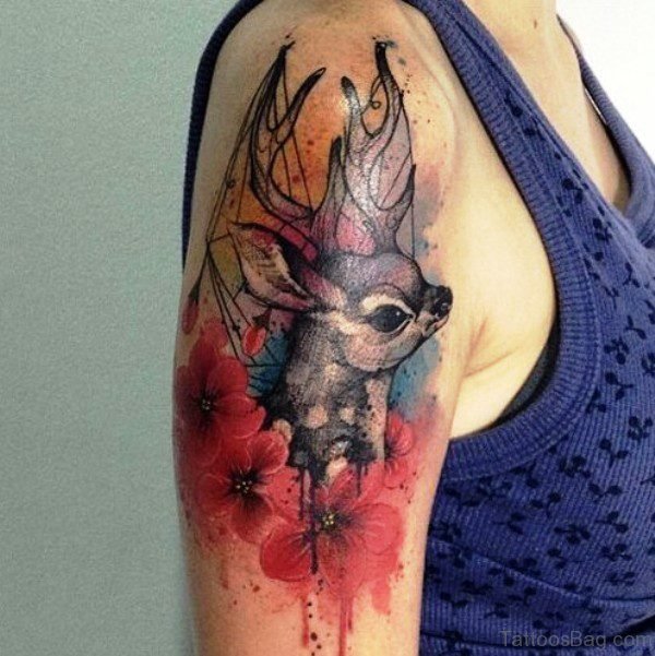 Adorable Colorful Buck Tattoo On Shoulder
