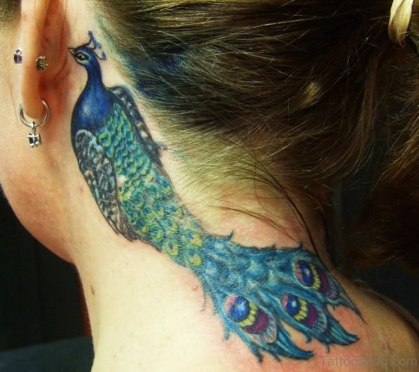 Adorable Peacock Tattoo On Neck