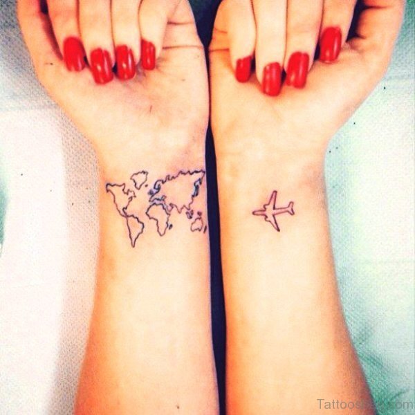 Aeroplane And Map Tattoo On Wrist