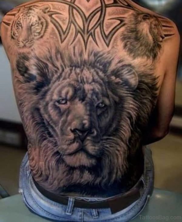 African Lion Head And Tribal Tattoo On Back