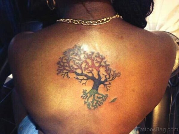 African Tree In Map Shape Tattoo On Back