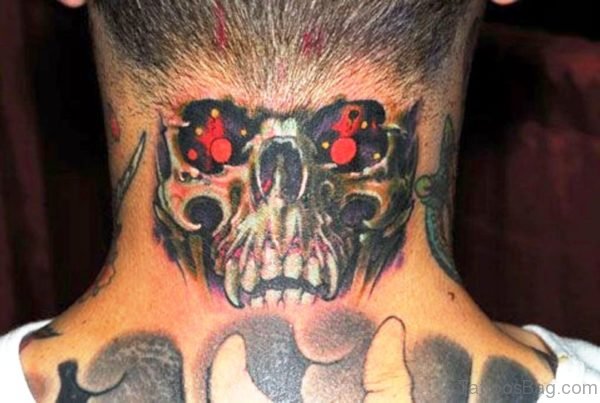 Amaizng Skull With Red Eyes Neck Tattoo