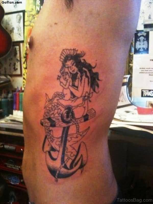 Amazing Anchor And Mermaid Tattoo On Rib
