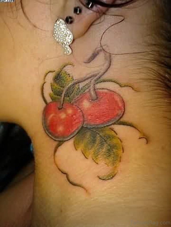 Amazing Cherry Tattoo On Neck