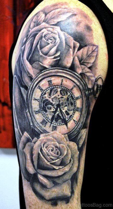 Amazing Clock And Rose Tattoo Design 