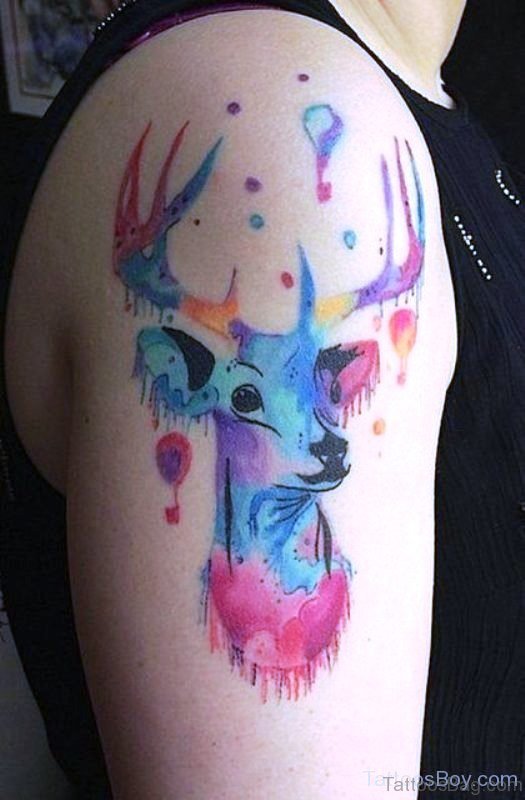 Amazing Colorful Buck Tattoo On Shooulder