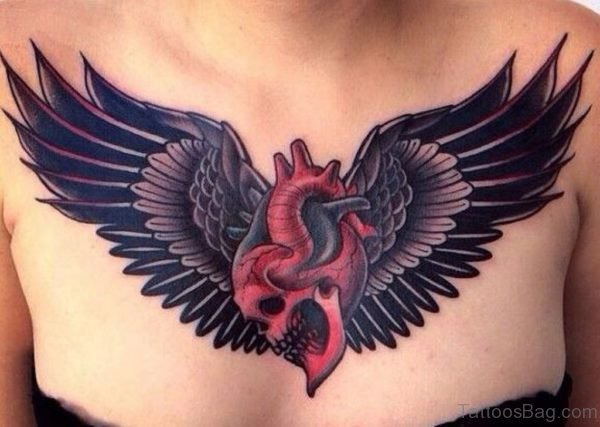Amazing Coloured Skull Heart With Wings Tattoo