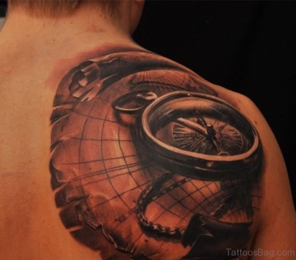 Amazing Compass Tattoo On Back Shoulder