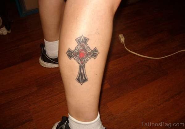 Amazing Cross Tattoo On Right Leg Calf