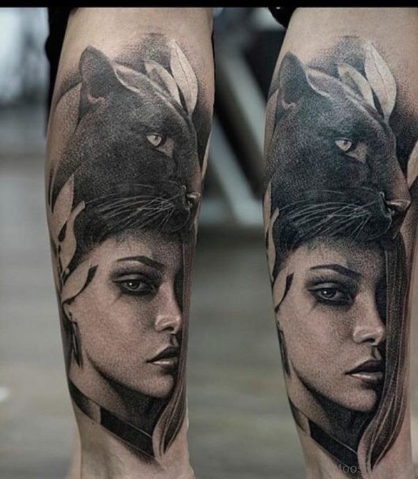 Amazing Fantastic Girl Portrait Tattoo On Leg