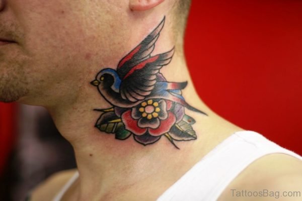 Amazing Flying Bird Tattoo On neck