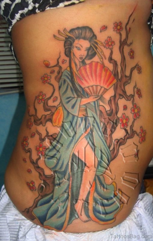 Amazing Geisha Portrait Tattoo On Rib