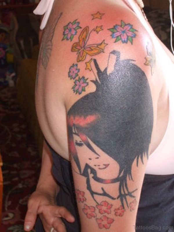 Amazing Geisha Tattoo On Shoulder