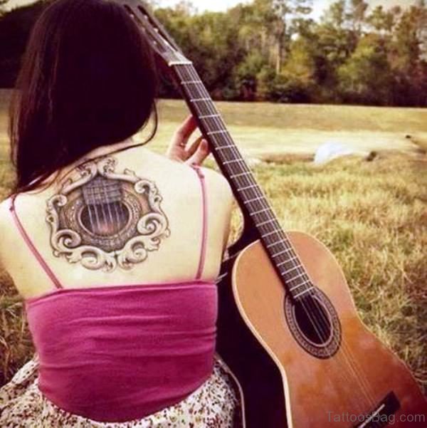 Amazing Guitar Tattoo On Back