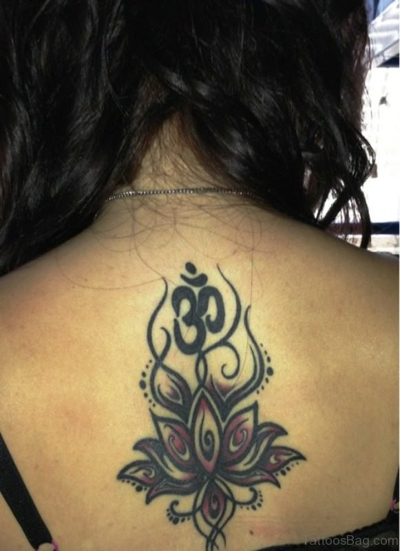 Amazing Om And Lotus Neck Tattoo