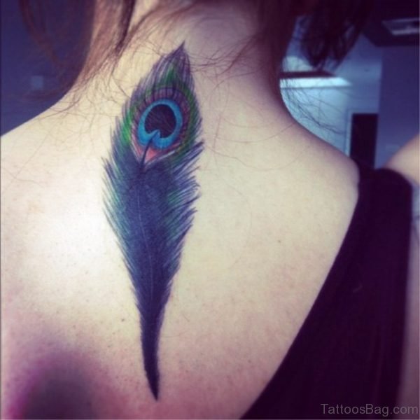 Amazing Peacock Feather Tattoo On Back Neck
