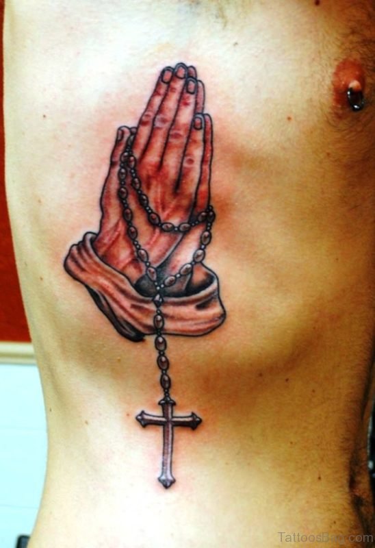 Amazing Praying Hands And Cross Tattoo