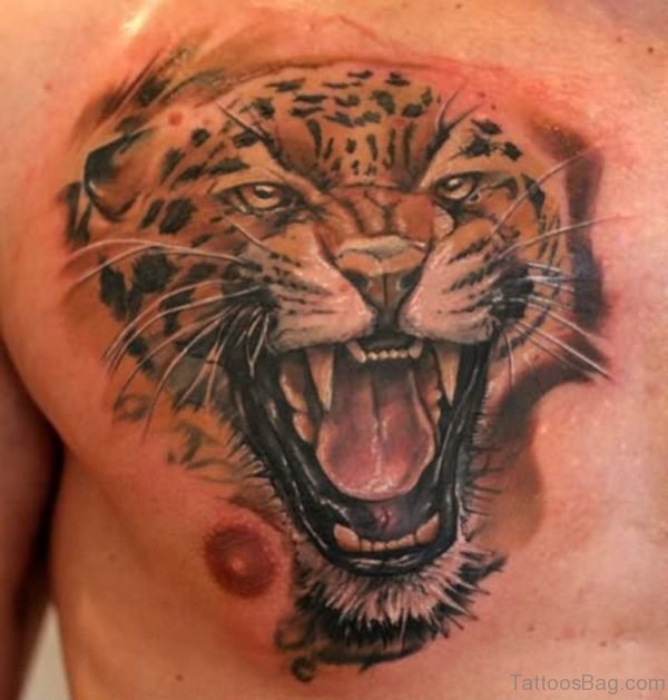 Amazing Roaring Tiger Head Tattoo On Man Chest