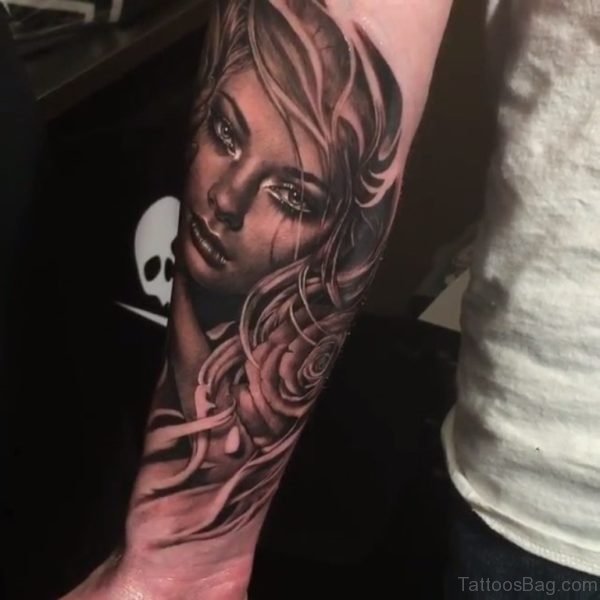 Amazing Rose And Girl Portrait Tattoo Design