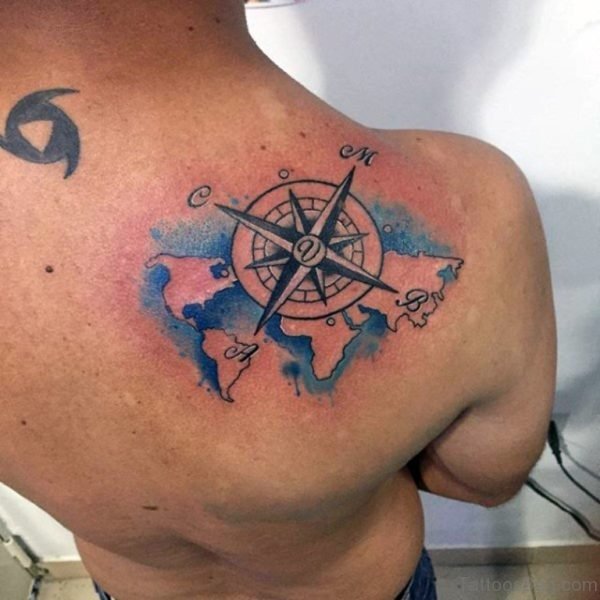 Ancient Compass Tattoo On Back For Men