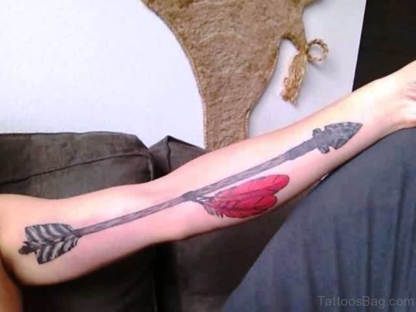 Ancient Long Arrow Tattoo On Arm 