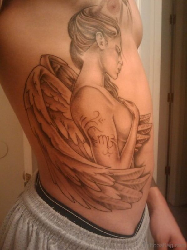 Angel Flowers Tattoo On Side Rib