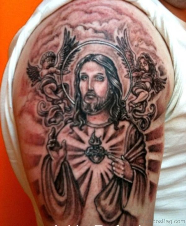 Angel Jesus Tattoo On Right Shoulder