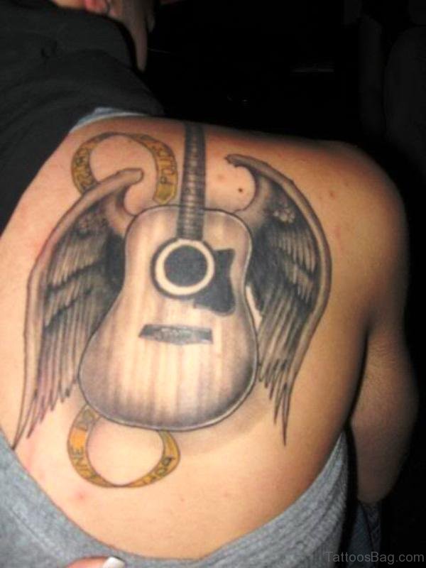 Angel Winged Guitar Tattoo On Back