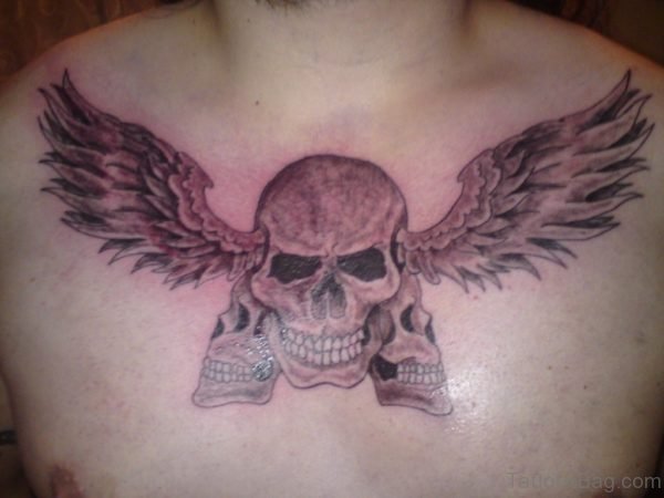 Angel Wings Skull Tattoo On Chest 
