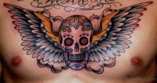 Angel Wings Skull Tattoo On Chest