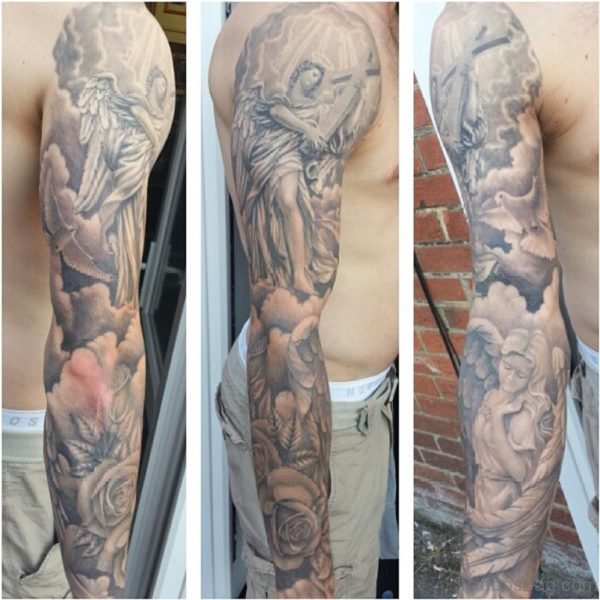 Angel with Cross and Rose Grey Ink Tattoo