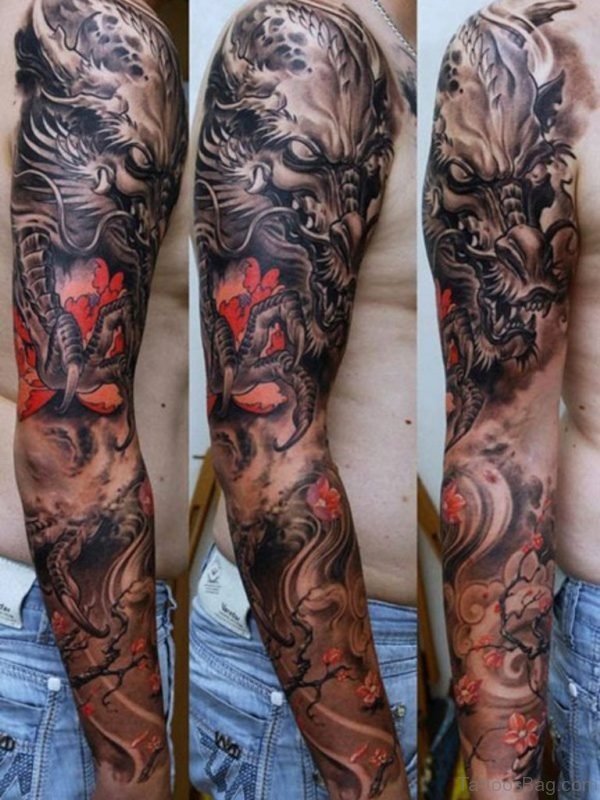 Angry Dragon Tattoo On Full Sleeve