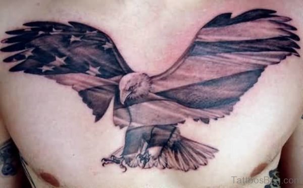 Angry Eagle With Flag Tattoo On Chest