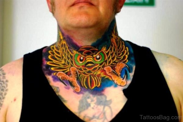 Angry Owl Tattoo On Neck 