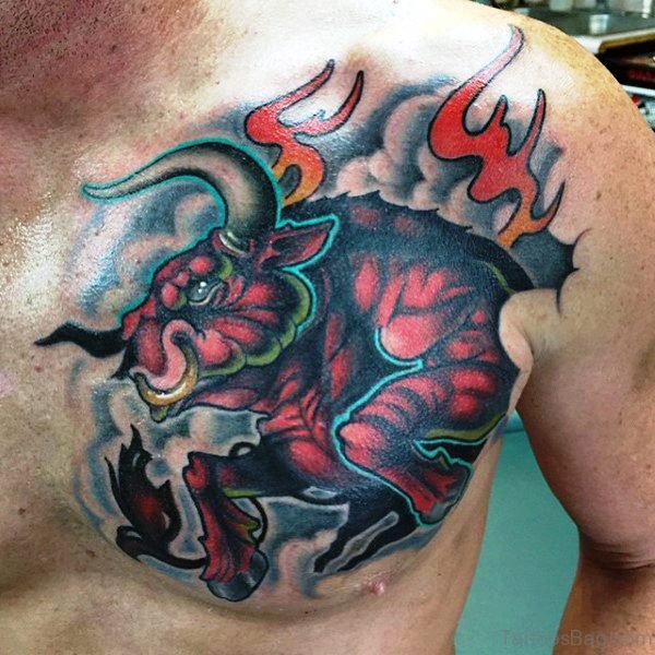 Angry Red Bull Tattoo On Chest