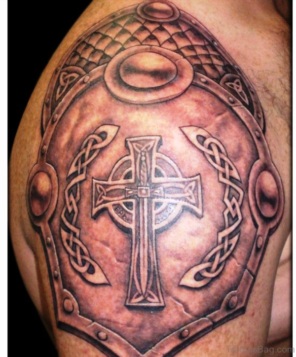 Armor Cross Shoulder Tattoo Design 