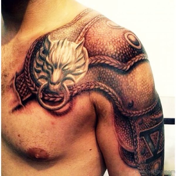 Armour Tattoo For Men On Chest And Shoulder