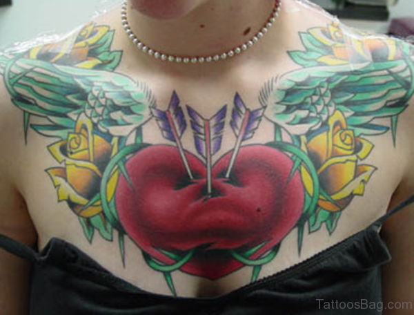 Arrow And Heart Tattoo On Chest