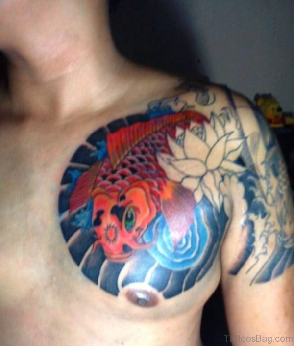 Asian Koi Fish Tattoo On Chest For Men