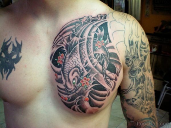 Asian Koi Fish Tattoo On Chest