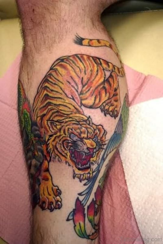 Asian Wild Tiger Tattoo On Leg