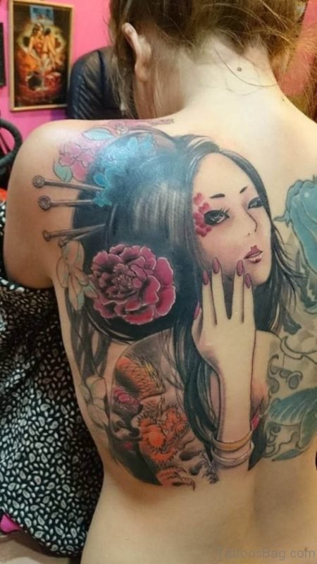 Attarctive Geisha Tattoo On Back