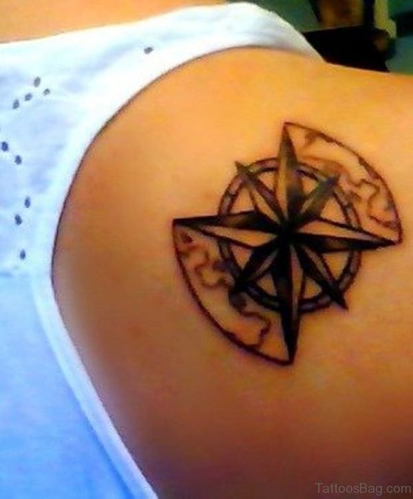 Attractive Compass Tattoo On Back Shoulder