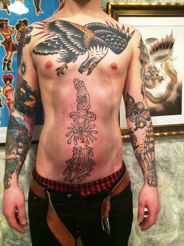 Attractive Dagger Tattoo On Stomach