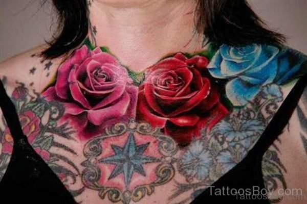 Attractive Red Rose Tattoo On Chest