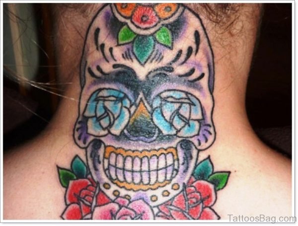 Attractive Skull Back Neck Tattoo Design