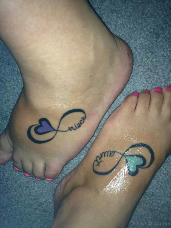 Aunt And Niece Infinity Heart Tattoo On Feet