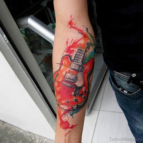 Awesom Red Guitar Tattoo On Forearm