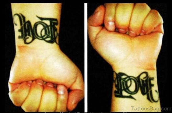 Awesome Ambigram Love Lettering Tattoo On Wrist