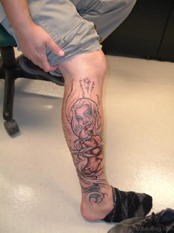 Awesome Angel Tattoo On Leg